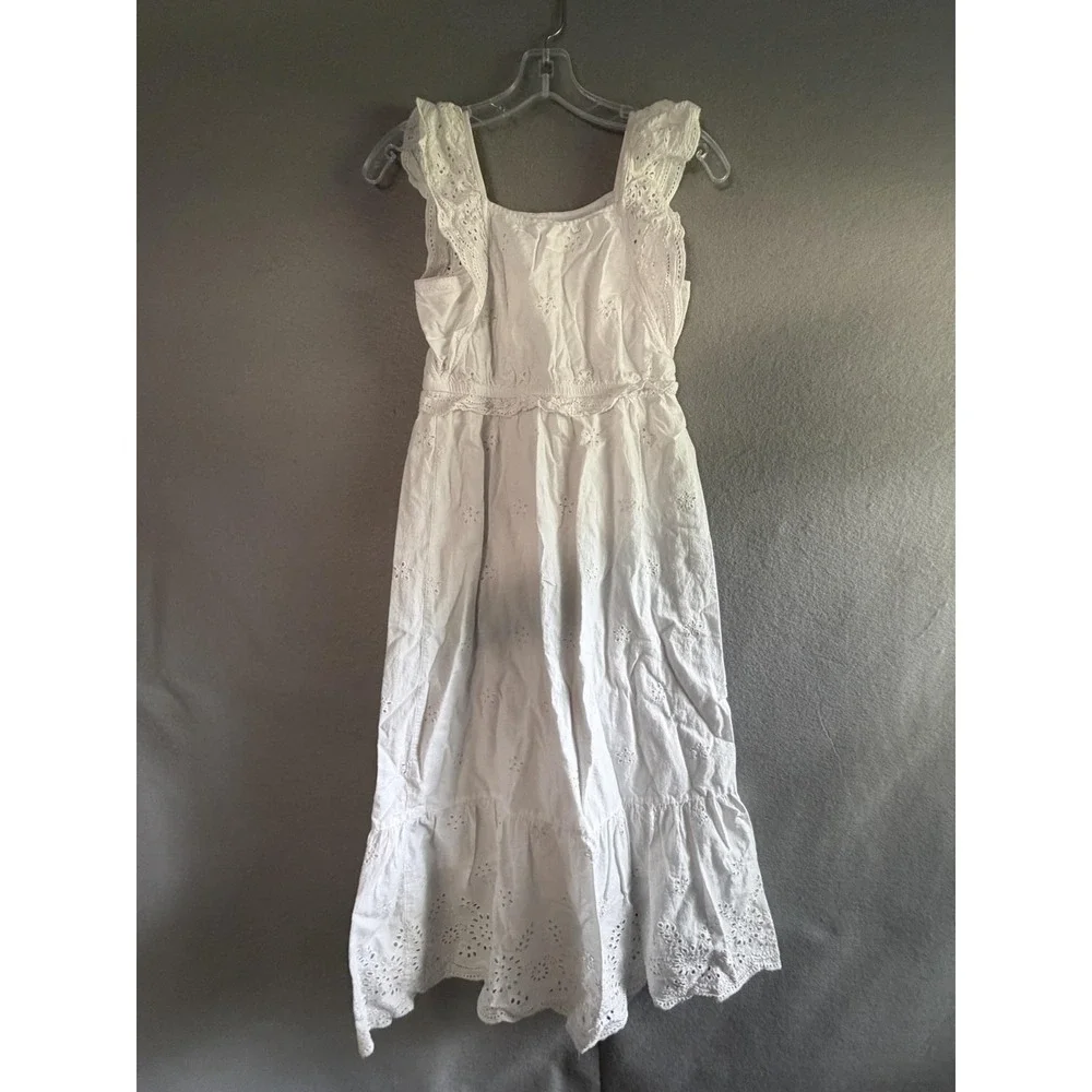 Justice Dress Girls 12 White Eyelet Lace Sleeveless Long Cotton Summer Sundress